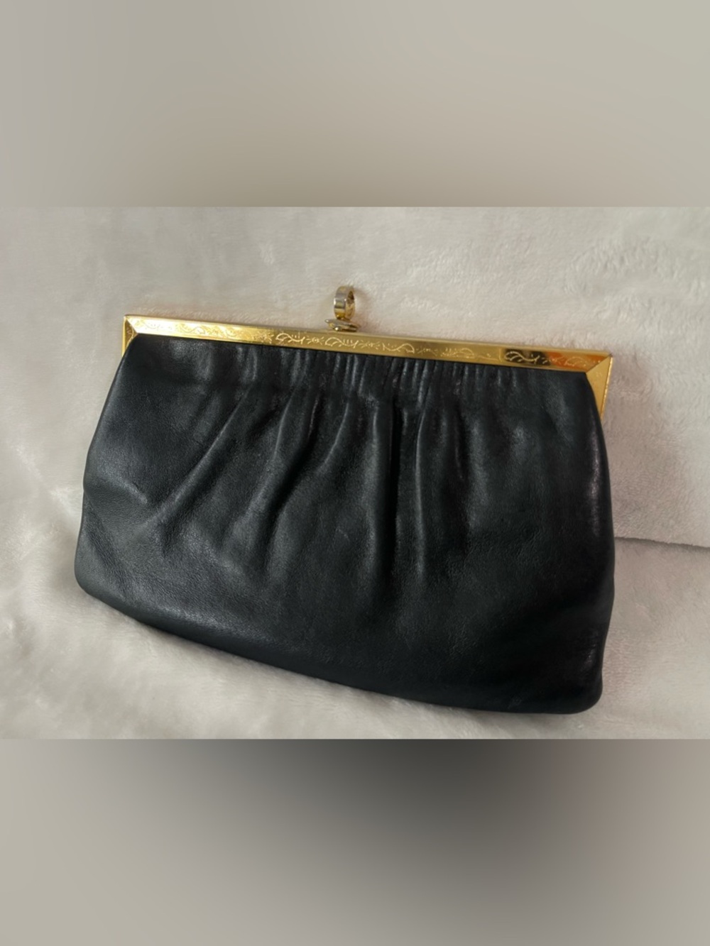 Vintage Etra Genuine leather black clutch hand bag purse gold with filigree